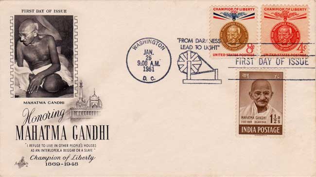 Ornamental use of 1948 Gandhi One and half anna stamp on US Cover